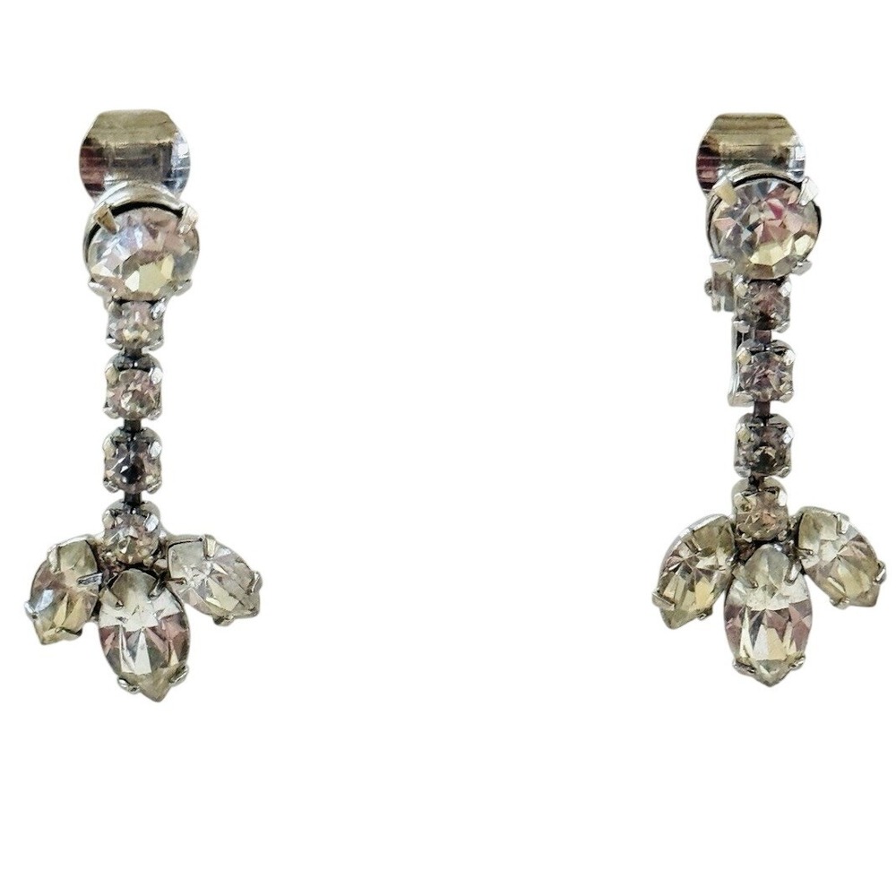 Glitzy Dainty Earrings VTG Clip Crystal Rhinestone Marquise Dangle Jeweled 60s